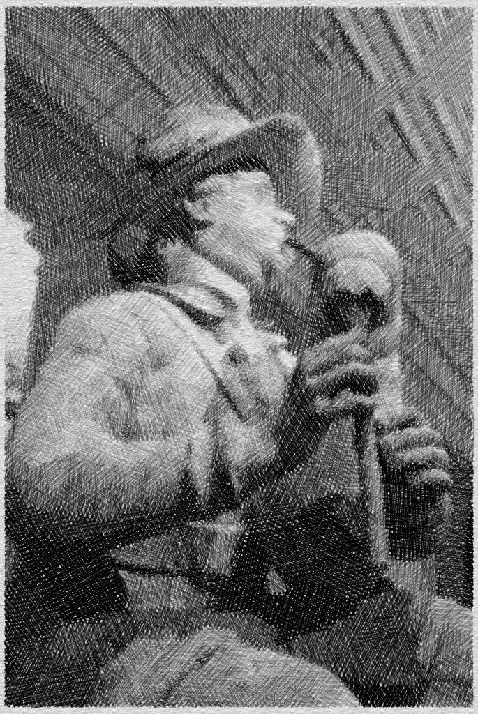 Statue of Man Blowing old Music Instrument